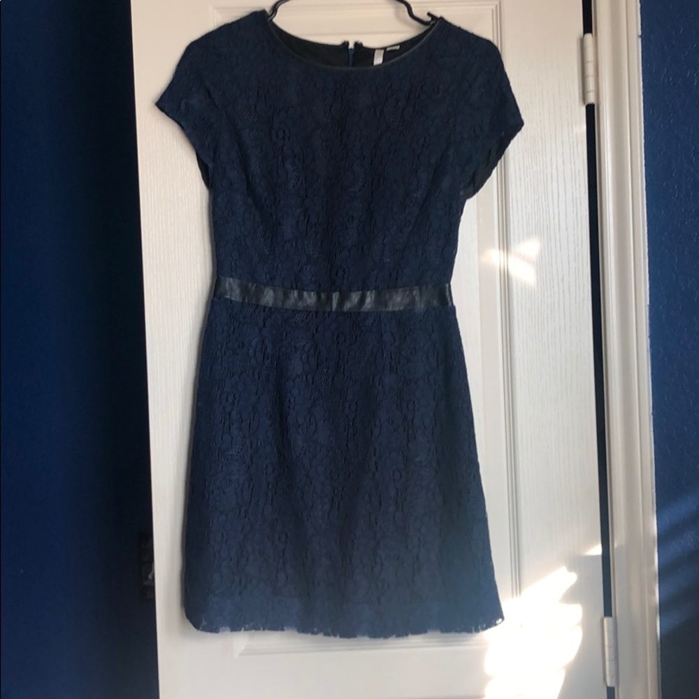 Navy lace dress with leather detail